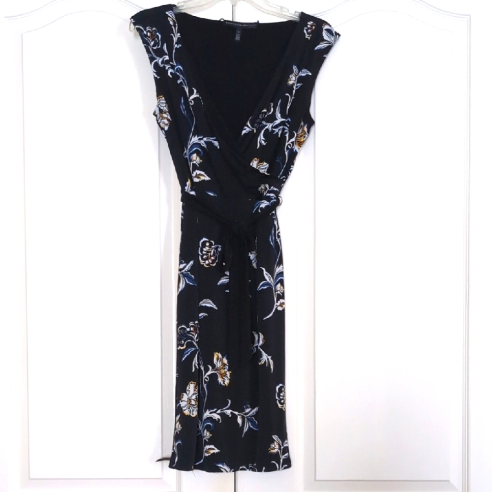 White House Black Market Black Floral Midi Faux Wrap Belted Dress